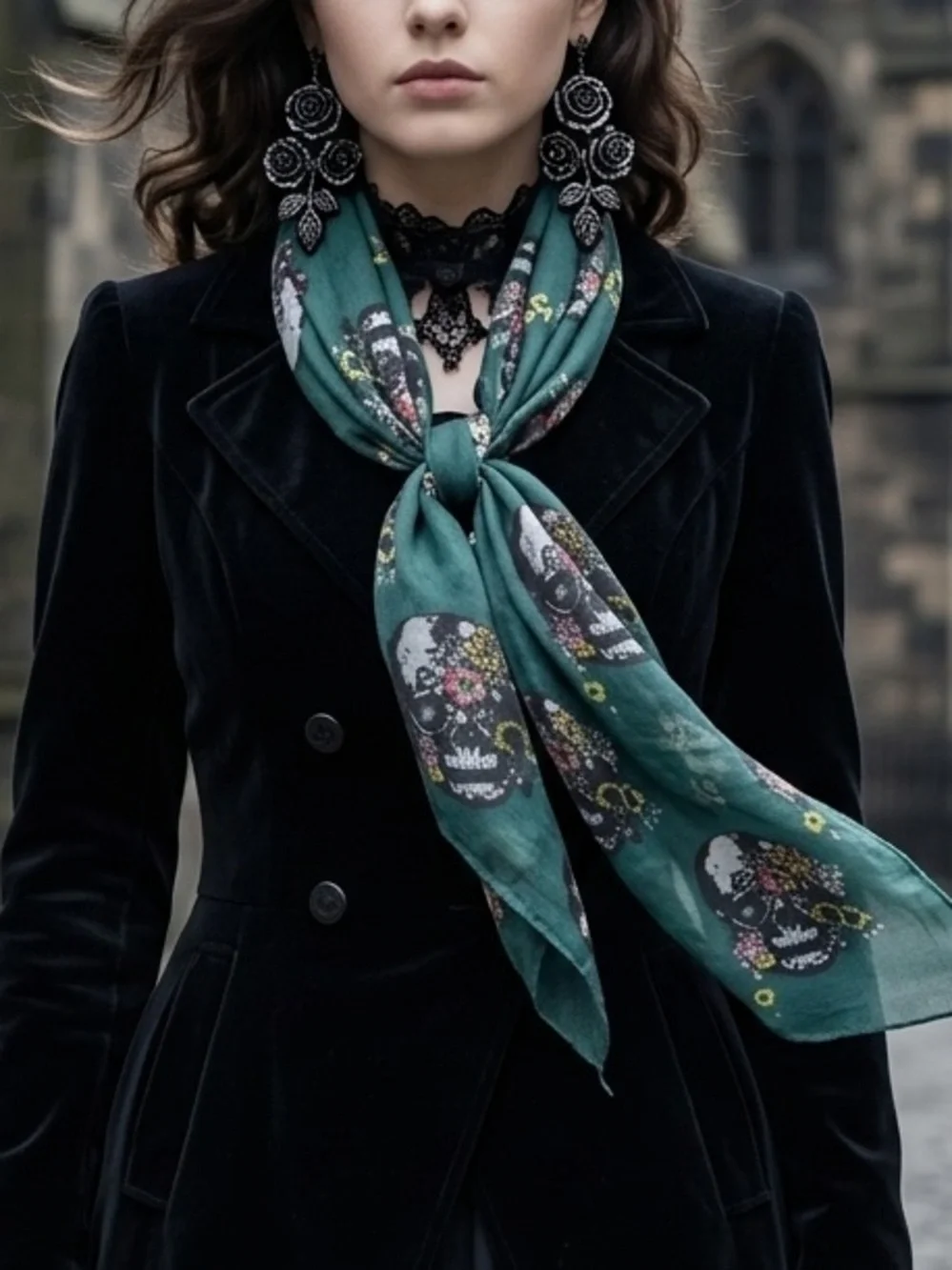 Teal Floral Skull Scarf